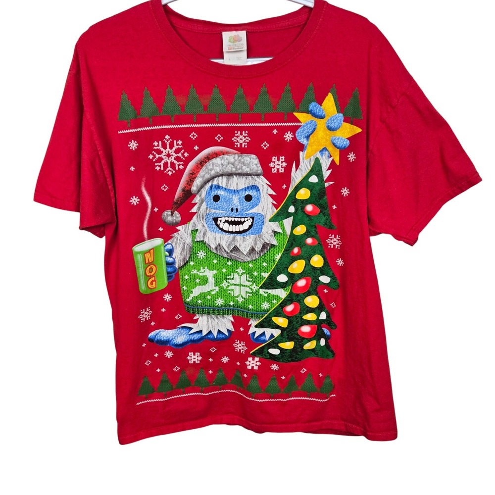 Vintage Fruit of the Loom Christmas Yeti Egg Nog Tree Graphic T Shirt Red Mens L